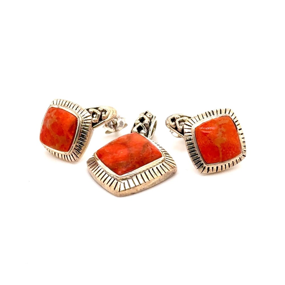 NK 925 Sterling Silver Orange Spiny Oyster Square Pendant and Earring Set 10.2g